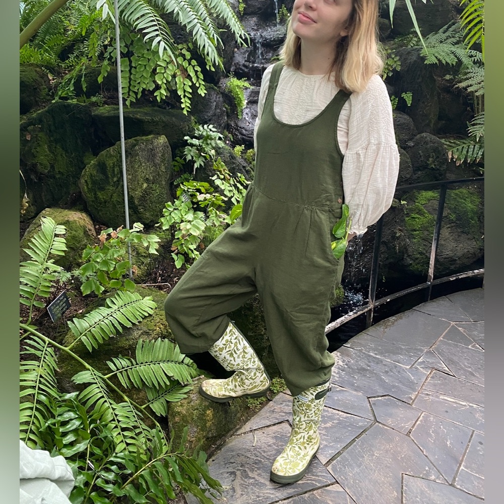 Gudrun Sjödén Harvest Dungaree Jumpsuit Overalls Green Linen Cotton